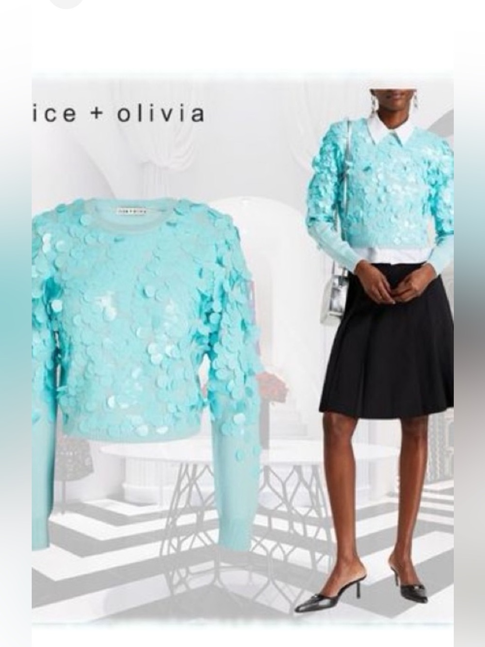 Alice + Olivia Aqua Sequin Disc Cropped Sweater, S